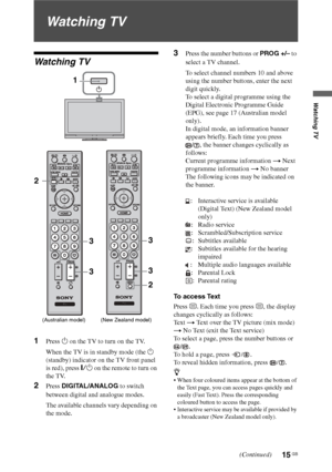 Page 15
15 GB
Watching TV
Watching TV
Watching TV
1Press 1 on the TV to turn on the TV.
When the TV is in standby mode (the  1 
(standby) indicator on the TV front panel 
is red), press  "/1 on the remote to turn on 
the TV.
2Press  DIGITAL/ANALOG  to switch 
between digital and analogue modes.
The available channels vary depending on 
the mode.
3Press the number buttons or  PROG +/– to 
select a TV channel.
To select channel numbers 10 and above 
using the number buttons, enter the next 
digit quickly.
To...