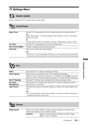 Page 3131 GB
Using Menu Functions
TV Settings Menu
Used to update the TV’s system software in the future.
System Update
Clock/Timers
Sleep TimerSets the TV to automatically switch to standby mode after a certain amount of 
time.
When “Sleep Timer” is activated, the   (Timer) indicator on the TV front panel 
lights up in orange.
z
 When you turn off the TV and turn it on again, “Sleep Timer” is reset to “Off.”
On TimerSets the TV to automatically turn on from standby mode.
Auto Clock UpdateSwitches to digital...