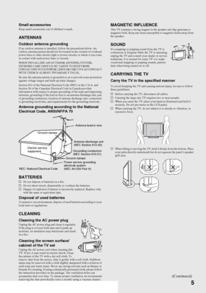 Page 55
Small accessoriesKeep small accessories out of children’s reach.
ANTENNAS
Outdoor antenna groundingIf an outdoor antenna is installed, follow the precautions below. An 
outdoor antenna system should not be located in the vicinity of overhead 
power lines or other electric light or power circuits, or where it can come 
in contact with such power lines or circuits.
WHEN INSTALLING AN OUTDOOR ANTENNA SYSTEM, 
EXTREME CARE SHOULD BE TAKEN TO KEEP FROM 
CONTACTING SUCH POWER LINES OR CIRCUITS AS CONTACT...