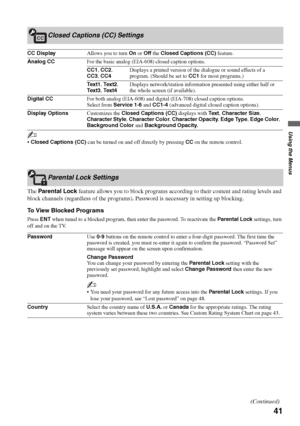 Page 4141
Using the Menus
The Parental Lock feature allows you to block programs according to their content and rating levels and 
block channels (regardless of the programs). Password is necessary in setting up blocking.
To View Blocked Programs
Press ENT when tuned to a blocked program, then enter the password. To reactivate the Parental Lock settings, turn 
off and on the TV.
Closed Captions (CC) Settings
CC DisplayAllows you to turn On or Off the Closed Captions (CC) feature.
Analog CCFor the basic analog...