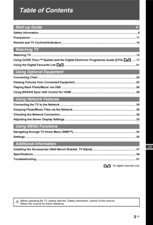 Page 33 GB
Table of Contents
Start-up Guide 4
Safety Information ............................................................................................................................ 9
Precautions ..................................................................................................................................... 11
Remote and TV Controls/Indicators ............................................................................................. 12
Watching TV
Watching TV...