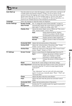 Page 3939 GB
Using MENU Functions
Set-up
Auto Start-upStarts the initial set-up to select the language, country and location, and tune in all 
available digital and analogue channels. Usually, you do not need to do this 
operation because the language and country will have been selected and channels 
already tuned when the TV was first installed (page 6). However, this option 
allows you to repeat the process (e.g., to retune the TV after moving house, or to 
search for new channels that have been launched by...