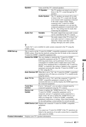 Page 4141 GB
Using MENU Functions
SpeakerTurns on/off the TV’s internal speakers.
TV SpeakerThe TV speakers are turned on in order to 
listen to the TV’s sound through the TV 
speakers.
Audio SystemThe TV speakers are turned off in order 
to listen to the TV’s sound only through 
your external audio equipment connected 
to the audio output sockets. When 
connected with “Control for HDMI” 
compatible equipment, you can turn the 
connected equipment on interlocked with 
the TV. This setting must be made after...