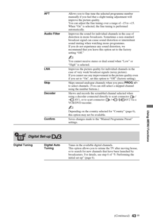 Page 4343 GB
Using MENU Functions
AFTAllows you to fine-tune the selected programme number 
manually if you feel that a slight tuning adjustment will 
improve the picture quality.
You can adjust the fine tuning over a range of –15 to +15. 
When “On” is selected, the fine tuning is performed 
automatically.
Audio FilterImproves the sound for individual channels in the case of 
distortion in mono broadcasts. Sometimes a non-standard 
broadcast signal can cause sound distortion or intermittent 
sound muting when...