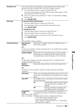 Page 4545 GB
Using MENU Functions
Parental LockSets an age restriction for programmes. Any programme that exceeds the age 
restriction can only be watched after a PIN code is entered correctly.
1Press the number buttons to enter your existing PIN code.
If you have not previously set a PIN, a PIN code entry screen appears. Follow 
the instructions of “PIN Code” below.
2Press F/f to select the age restriction or “None” (for unrestricted watching), 
then press  .
3Press  RETURN.
PIN Code To set your PIN for the...