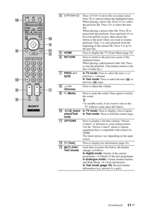 Page 1111 GB
4F/f/G/g/Press F/f/G/g to move the on-screen cursor. 
Press   to select/confirm the highlighted item.
When playing a photo file: Press F/G to select 
the previous file. Press f/g to select the next 
file.
When playing a music/video file: Press   to 
pause/start the playback. Press and hold G/g to 
fast forward/fast reverse, then release the 
button at the point where you want to resume 
playback. Press F to start playback from the 
beginning of the current file. Press f to go to 
the next file....