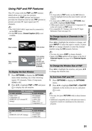 Page 3131
Using the TV Features
Using P&P and PIP Features
This TV comes with the P&P and PIP features 
which allow you to view two pictures 
simultaneously. P&P (picture and picture) 
provides two windows side by side. PIP (picture in 
picture) provides PC input signal and TV 
channels.
~
 The VHF/UHF/CABLE input must be connected to 
use the PIP feature.
PIP feature, Closed Caption (CC) is not 
available.
P&P
PIP
1Press OPTIONS to display the OPTIONS 
menu while watching one of the following 
inputs: TV...