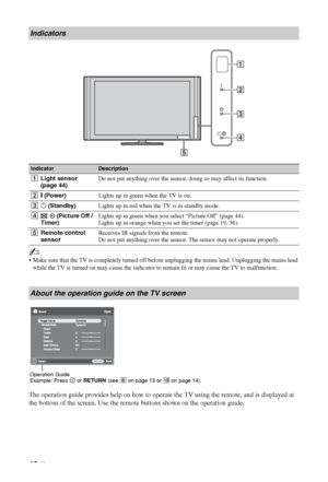 Page 16
16 GB
~
 Make sure that the TV is completely turned off before unplugging the mains lead. Unplugging the mains lead while the TV is turned on may cause the indicator  to remain lit or may cause the TV to malfunction.
The operation guide provides help on how to operate the TV using the remote, and is displayed at 
the bottom of the screen. Use the remote buttons shown on the operation guide.
Indicators
IndicatorDescription
1Light sensor 
(page 44) Do not put anything over the sensor, doing so may affect...