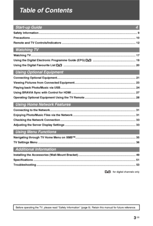 Page 3
3 GB
Table of Contents
Start-up Guide  4
Safety Information ............................................................................................................................ 9
Precautions .................................................................................................................... ................. 10
Remote and TV Controls/Indicators ............................................................................................. 1 2
Watching TV
Watching TV...