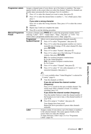 Page 45
45 GB
Using Menu Functions
Programme LabelsAssigns a channel name of your choice, up to five letters or numbers. The name 
appears briefly on the screen when you select the channel. (Names for channels are 
usually taken automatically from Analogue Text (if available).)
1Press F/f  to select the channel you want to name, then press  .
2Press  F/f  to select the desired letter or number (“_” for a blank space), then 
press  g.
If you enter a wrong character
Press  G/g  to select the wrong character....