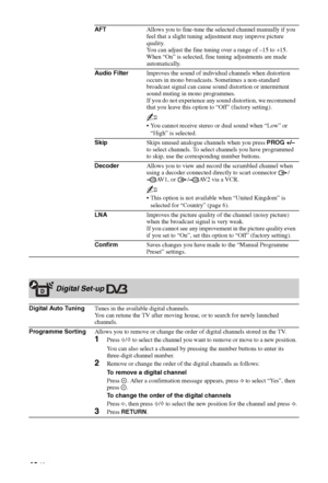 Page 46
46 GB
AFTAllows you to fine-tune the selected channel manually if you 
feel that a slight tuning adjustment may improve picture 
quality.
You can adjust the fine tuning over a range of –15 to +15. 
When “On” is selected, fine tuning adjustments are made 
automatically.
Audio Filter Improves the sound of individual channels when distortion 
occurs in mono broadcasts. Sometimes a non-standard 
broadcast signal can cause sound distortion or intermittent 
sound muting in mono programmes.
If you do not...