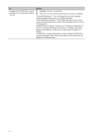 Page 2020 GB
Configure the GUIDE Plus+ system 
according to your personal situation
– Set-up1Highlight “Set-up” on menu bar.
2Press F/f for you to select below items you want to configure.
“Personal Preferences”: You can change the on screen language, 
change reminder timing and set overnight download.
“Start Installation Sequence”: This feature provides an easy way to 
restart your installation from scratch. This will delete all your current 
TV listing data.
“Manual Data Download”: Update your TV listings...