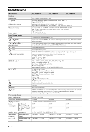 Page 5454 GB
Specifications
Model nameKDL-52Z4500KDL-46Z4500KDL-40Z4500
System
Panel system
LCD (Liquid Crystal Display) Panel
TV systemAnalogue: Depending on your country selection: B/G/H, D/K, L, I
Digital: DVB-T/DVB-C
Colour/video systemAnalogue: PAL, SECAM, NTSC 3.58/4.43 (only Video In)
Digital: MPEG-2 MP@ML/HL, H.264/MPEG-4 AVC HP@L4.0, MP@L3.0
Channel coverageAnalogue: VHF: E2–E12/UHF: E21–E69/CATV: S1–S20/HYPER: S21–S41
D/K: R1–R12, R21–R69/L: F2–F10, B–Q, F21–F69/I: UHF B21–B69
Digital: VHF/UHF
Sound...