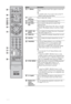 Page 1414 GB
ButtonDescription
qh% (Mute)Press to mute the sound. Press again to restore the 
sound.
z
 In standby mode, if you want to turn on the TV 
without sound, press this button.
qj2 +/– 
(Volume)Press to adjust the volume.
qk/ (Text)Press to display text information (page 17).
qlRETURN / Press to return to the previous screen of the 
displayed menu.
When playing a photo/music file: Press to stop the 
playback. (The display returns to the file or folder 
list.)
w;GUIDE /   
(EPG)Press to display the...