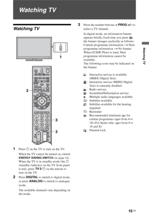 Page 1515 GB
Watching TV
Watching TV
Watching TV
1Press 1 on the TV to turn on the TV.
When the TV cannot be turned on, switch 
ENERGY SAVING SWITCH on (page 10).
When the TV is in standby mode (the 1 
(standby) indicator on the TV front panel 
is red), press TV "/1 on the remote to 
turn on the TV.
2Press DIGITAL to switch to digital mode, 
or press ANALOG to switch to analogue 
mode.
The available channels vary depending on 
the mode.
3Press the number buttons or PROG +/– to 
select a TV channel.
In...