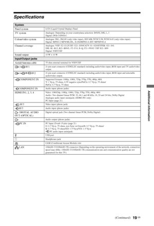 Page 1919 GB
Additional Information
Specifications
System
Panel system
LCD (Liquid Crystal Display) Panel
TV systemAnalogue: Depending on your country/area selection: B/G/H, D/K, L, I
Digital: DVB-T/DVB-C
Colour/video systemAnalogue: PAL, PAL60 (only video input), SECAM, NTSC3.58, NTSC4.43 (only video input)
Digital: MPEG-2 MP@ML/HL, H.264/MPEG-4 AVC MP/HP@L4
Channel coverageAnalogue: VHF: E2–E12/UHF: E21–E69/CATV: S1–S20/HYPER: S21–S41
D/K: R1–R12, R21–R69/L: F2–F10, B–Q, F21–F69/I: UHF B21–B69
Digital:...