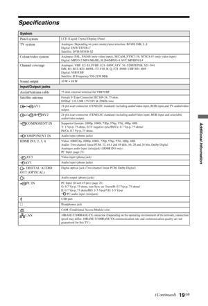 Page 1919 GB
C:\Documents and Settings\All Users\Documentos\SONY 
TELES\2009\(05-06)AQUA_Paprika\PAPER_Paprika\18-
08_4151686111_KDL40Z5500(UK)\100ADD.fmmasterpage:Left
KDL-52/46/40Z5500
4-151-686-11(1)
Additional Information
Specifications
System
Panel system
LCD (Liquid Crystal Display) Panel
TV systemAnalogue: Depending on your country/area selection: B/G/H, D/K, L, I
Digital: DVB-T/DVB-C
Satellite: DVB-S/DVB-S2
Colour/video systemAnalogue: PAL, PAL60 (only video input), SECAM, NTSC3.58, NTSC4.43 (only video...