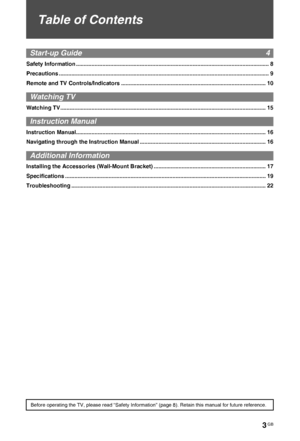 Page 33 GB
C:\Documents and Settings\All Users\Documentos\SONY 
TELES\2009\(05-06)AQUA_Paprika\PAPER_Paprika\18-
08_4151686111_KDL40Z5500(UK)\010COVTOC.fmmasterpage:Left
KDL-52/46/40Z5500
4-151-686-11(1)
Table of Contents
Start-up Guide  4
Safety Information ............................................................................................................................ 8
Precautions...