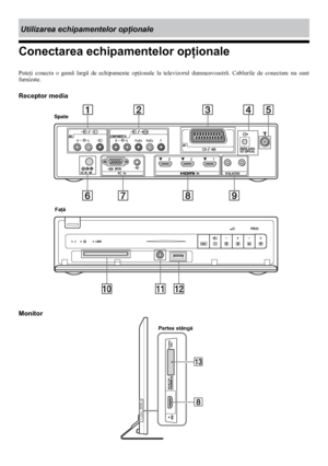 Page 2424
Conectarea echipamentelor opţionale
Puteţi  conecta  o  gamă  largă  de  echipamente  opţionale  la  televizorul  dumneavoastră.  Cablurile  de  conectare  nu  sunt 
furnizate.
Utilizarea echipamentelor opţionale
Monitor Receptor media
Faţă
Spate
Partea stângă
 