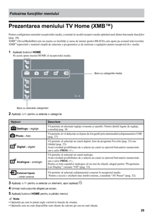 Page 2929
Folosirea funcţiilor meniului
Prezentarea meniului TV Home (XMB™)
Pentru configurarea meniului receptorului media, comutaţi în modul receptor media apăsând unul dintre butoanele funcţiilor 
(pag. 10). 
XMB
™ (XrossMediaBar) este un meniu cu facilităţi şi surse de intrare pentru BRAVIA care apare pe ecranul televizorului. 
XMB™  reprezintă o manieră simplă de selectare a programelor şi de realizare a reglajelor pentru receptorul dvs. media. 
1   Apăsaţi butonul  HOME.
Pe ecran apare meniul HOME al...