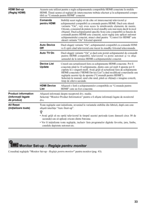 Page 3333
HDMI set-up   Aceasta este utilizat pentru a regla echipamentele compatibile HDMI conectate la mufele  
(Reglaj HDMI)    HDMI. Ţineţi seama că reglajul de interconectare trebuie efectuat şi la echipamentul compa-
tibil cu “Comanda pentru HDMI” conectat.
Comanda  Stabiliţi acest reglaj ori de câte ori interconectaţi televizorul şi
pentru HDMI  echipamentul compatibil cu comanda pentru HDMI. Dacă este aleasă
varianta  “On”,  veţi  avea  acces  la  următoarele  elemente  de  meniu. 
Oricum, consumul de...