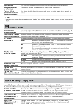 Page 4242
Auto Volume   Este menţinut constant nivelul volumului chiar dacă apar variaţii bruşte ale acestuia
(Reglare automată (de exemplu : în cazul reclamelor, sonorul este de obicei mai puternic).
a volumului )   
Volume Offset    Este ajustat nivelul volumului pentru sursa de intrare curentă în funcţie de alte semnale de
(Reglarea volumului   intrare.
în funcţie de intrări )
 Notă
• Anumite opţiuni nu sunt disponibile când pentru “Speaker” este stabilită varianta “Audio System” sau când sunt conectate...