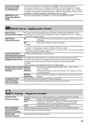 Page 4343
Device List Update Crează sau actualizează “Lista echipamentelor HDMI”. Pot fi conectate până la 14 (Actualizarea listei echipamente compatibile cu “Comanda pentru HDMI”, iar 4 dintre acestea pot fi cuplate
de echipamente)  la o singură mufă. Aveţi grijă să actualizaţi “Lista echipamentelor HDMI”  când modificaţi
conexiunea  sau reglajele vreunuia dintre aparate. Selectaţi echipamentele manual, unul câte 
unul, până ce obţineţi configuraţia corectă timp de câteva secunde.
HDMI Device List  Sunt...