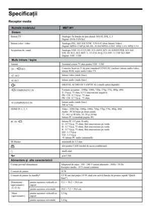 Page 4646
Specificaţii
Numele modeluluiMBT-W1
sistem
Sistem TV Analogic: În funcţie de ţara aleasă: B/G/H, D/K, L, I
Digital: DVB-T/DVB-C
Sistem color / video Analogic:PAL, SECAM NTSC 3,58/4,43 (doar Intrare Video)
Digital: MPEG-2 MP @ ML/HL, H.264/MPEG-4 AVC HP@ L4.0, MP@ L3.0
Acoperirea de  canal Analogic:VHF: E2-E12/UHF: E21-E69/CATV: S1-S20/HYPER: S21-S41 
D/K: R1-R12, R21-R69 / L: F2-F10, B-Q, F21-F69 / I: UHF B21-B69 
Digital: VHF / UHF
Mufe Intrare / Ieşire
AntenăTerminal extern 75 ohm pentru VHF / UHF
i...