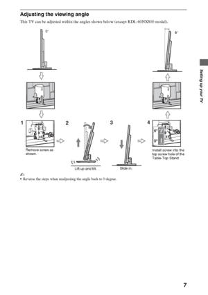 Page 77
Setting up your TV
Adjusting the viewing angle
This TV can be adjusted within the angles shown below (except KDL-60NX800 model).
~
Reverse the steps when readjusting the angle back to 0 degree.
1423
Remove screw as 
shown.6° 0°
Install screw into the 
top screw hole of the 
Table-Top Stand.
Slide in.
Lift up and tilt.
 