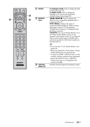 Page 1313 GB
waAUDIO In analogue mode: Press to change the dual 
sound mode (page 34).
In digital mode: Press to change the 
language to be used for the programme 
currently being viewed (page 40).
wsBRAVIA 
Syncm/N/X/M/x: You can operate the 
BRAVIA Sync-compatible equipment that is 
connected to the TV.
SYNC MENU: Displays the menu of 
connected HDMI equipment. While viewing 
other input screens or TV programmes, 
“HDMI Device Selection” is displayed when 
the button is pressed.
THEATRE: You can set Theatre...