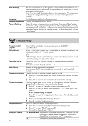 Page 3838 GB
Auto Start-upYou can run the initial set-up that appeared when you first connected the TV, and 
select the language and country/area, the region (Australian model only), or tune in 
all available channels again.
Even if you have made the settings when you first connected the TV, you may need 
to change the settings after moving house, or to search for newly launched 
channels.
LanguageSets the language displayed on the menu screens.
Product InformationDisplays product information of the TV.
Factory...