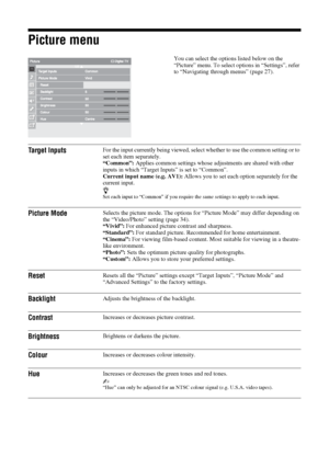 Page 2828 GB
Picture menu
You can select the options listed below on the 
“Picture” menu. To select options in “Settings”, refer 
to “Navigating through menus” (page 27).
Target InputsFor the input currently being viewed, select whether to use the common setting or to 
set each item separately.
“Common”: Applies common settings whose adjustments are shared with other 
inputs in which “Target Inputs” is set to “Common”. 
Current input name (e.g. AV1): Allows you to set each option separately for the 
current...