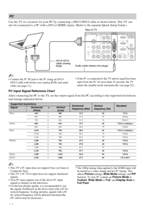 Page 1414
Use the TV as a monitor for your PC by connecting a HD15-HD15 cable as shown below. This TV can 
also be connected to a PC with a DVI or HDMI output. (Refer to the separate Quick Setup Guide.)
~
 Connect the PC IN jack to the PC using an HD15-
HD15 cable with ferrite core (analog RGB) and audio 
cable (see page 11).  If the PC is connected to the TV and no signal has been 
input from the PC for more than 30 seconds, the TV 
enters the standby mode automatically (see page 52).
PC Input Signal Reference...