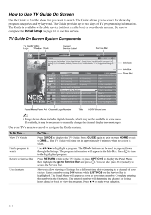 Page 3434 How to Use TV Guide On Screen
Use the Guide to find the show that you want to watch. The Guide allows you to search for shows by 
program categories and by keyword. The Guide provides up to two days of TV programming information. 
The Guide is available with cable service (without a cable box) or over-the-air antenna. Be sure to 
complete the Initial Setup on page 16 to use this service. 
TV Guide On Screen System Components
~
 Image shown above includes digital channels, which may not be available in...