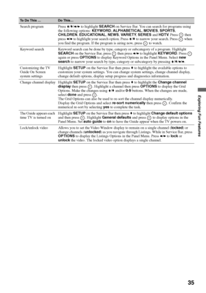 Page 3535
Exploring Fun Features
Search program Press V/v/B/b to highlight SEARCH on Service Bar. You can search for programs using 
the following options: KEYWORD, ALPHABETICAL, MOVIES, SPORTS, 
CHILDREN, EDUCATIONAL, NEWS, VARIETY, SERIES and HDTV. Press   then 
press B/b to highlight your search option. Press V/v to narrow your search. Press   when 
you find the program. If the program is airing now, press   to watch.
Keyword search Keyword search can be done by type, category or subcategory of a program....