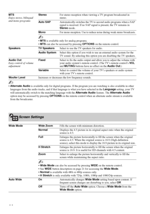 Page 4444
MTS 
Enjoy stereo, bilingual 
and mono programsStereoFor stereo reception when viewing a TV program broadcasted in 
stereo. 
Auto SAPAutomatically switches the TV to second audio programs when a SAP 
signal is received. If no SAP signal is present, the TV remains in 
Stereo mode.
Mono
For mono reception. Use to reduce noise during weak stereo broadcasts.
~
MTS is available only for analog programs.
MTS can also be accessed by pressing OPTIONS on the remote control.
Speakers TV SpeakersSelect to use...