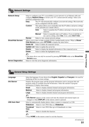 Page 5151
Using TV Settings
Network Settings
Network SetupSelect to configure your TV’s accessibility to your network via an Ethernet cable and 
configure Network Setup or review your TV’s current network settings. Select your 
preferred configuration type. 
EasyThe TV will automatically configure your network settings. Most networks 
can be configured with this option.
CustomThis option allows you to manually enter the IP address and proxy settings 
(FOR ADVANCED USERS ONLY).
AutoSelect to populate the IP...