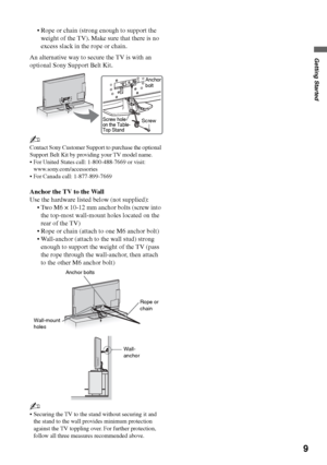 Page 99
Getting Started
 Rope or chain (strong enough to support the 
weight of the TV). Make sure that there is no 
excess slack in the rope or chain.
An alternative way to secure the TV is with an 
optional Sony Support Belt Kit.
~
Contact Sony Customer Support to purchase the optional 
Support Belt Kit by providing your TV model name.
 For United States call: 1-800-488-7669 or visit: 
www.sony.com/accessories
 For Canada call: 1-877-899-7669
Anchor the TV to the Wall
Use the hardware listed below (not...