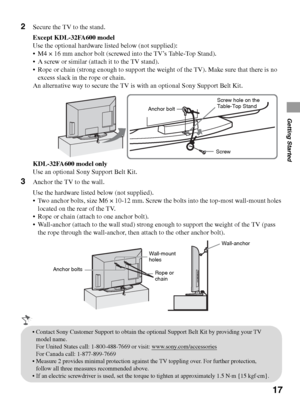 Page 1717
Getting Started
2Secure the TV to the stand.
Except KDL-32FA600 model
Use the optional hardware listed below (not supplied):
 M4 × 16 mm anchor bolt (screwed into the TV’s Table-Top Stand). 
 A screw or similar (attach it to the TV stand).
 Rope or chain (strong enough to support the weight of the TV). Make sure that there is no 
excess slack in the rope or chain. 
An alternative way to secure the TV is with an optional Sony Support Belt Kit.
KDL-32FA600 model only
Use an optional Sony Support Belt...