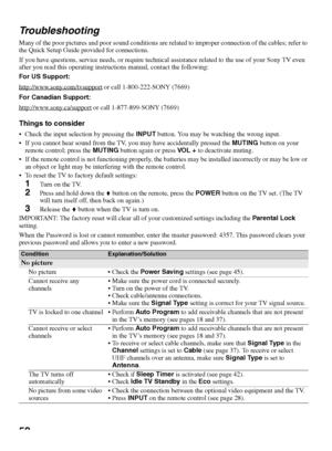 Page 5252 Troubleshooting
Many of the poor pictures and poor sound conditions are related to improper connection of the cables; refer to 
the Quick Setup Guide provided for connections. 
If you have questions, service needs, or require technical assistance related to the use of your Sony TV even 
after you read this operating instructions manual, contact the following:
For US Support:
http://www.sony.com/tvsupport
 or call 1-800-222-SONY (7669)
For Canadian Support:
http://www.sony.ca/support
 or call...