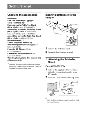 Page 88GB
D:\Cmengs JOB\SONY TV\SY0332_V6 (Rev-3)\4268267141_GB\GB03STU.fm
KDL-NX723/NX720/HX925/HX923/HX820
4-268-267-14(1)
Checking the accessories
Remote (1)
Size AAA batteries (R3 type) (2)
Table-Top Stand (1)*
1
Fixing screws for Table-Top Stand 
(M5 × 16) (3) (except KDL-60NX72x)
Assembling screws for Table-Top Stand 
(M6 × 14) (4) (for KDL-60/55/46NX72x, 
KDL-55/46HX92x, KDL-55/46HX820)
Assembling screws for Table-Top Stand 
(M6 × 14) (3) (for KDL-40NX72x)
Hexagon wrench (1)
Video/Component adapter (1)...