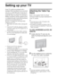 Page 66
Setting up your TV
Some TV models are packaged with a 
detached Table-Top Stand so you can mount 
your TV to a wall right away. If you are not 
mounting the TV to a wall, you will need to 
attach the Table-Top Stand. You will need a 
Phillips screwdriver and the supplied screws 
to complete the task. Look for the attachment 
instructions provided with the TV. 
Be sure to consider the following while 
setting up your TV: 
 Disconnect all cables when carrying the 
TV. 
 Carry the TV with the adequate...