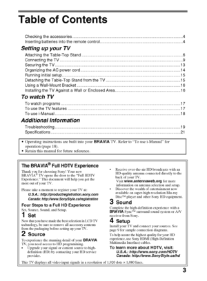 Page 33
Table of Contents
Checking the accessories ................................................................................................4
Inserting batteries into the remote control........................................................................4
Setting up your TV
Attaching the Table-Top Stand ........................................................................................6
Connecting the TV...