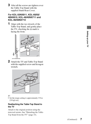 Page 77
Setting up your TV
3After all the screws are tighten cover 
the Table-Top Stand with the 
supplied Stand Rear Cover.
For KDL-55NX811, KDL-60/55/
46NX810, KDL-46/40NX711 and 
KDL-46/40NX710
1Align with the two dowels of the 
Table-Top Stand, and gently place 
the TV, checking the f mark is 
facing the front.
2Attach the TV and Table-Top Stand 
with the supplied screw and hexagon 
wrench.
~
Set the torque setting to approximately 3 N·m 
{30 kgf·cm}.
Reattaching the Table-Top Stand to 
the TV
Attach to...