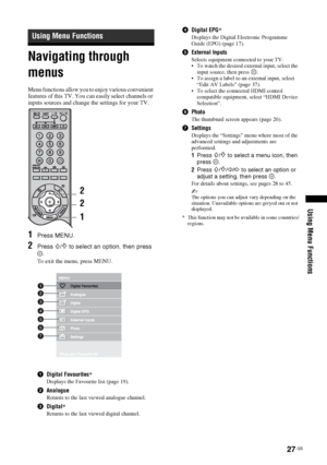 Page 2727 GB
Using Menu Functions
Navigating through 
menus
Menu functions allow you to enjoy various convenient 
features of this TV. You can easily select channels or 
inputs sources and change the settings for your TV.
1Press MENU.
2Press F/f to select an option, then press 
.
To exit the menu, press MENU.
1Digital Favourites*
Displays the Favourite list (page 19).
2Analogue
Returns to the last viewed analogue channel.
3Digital*
Returns to the last viewed digital channel.
4Digital EPG*
Displays the Digital...