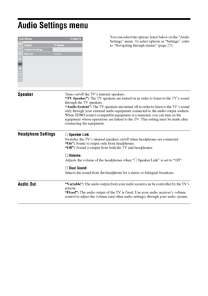 Page 3636 GB
Audio Settings menu
You can select the options listed below on the “Audio 
Settings” menu. To select options in “Settings”, refer 
to “Navigating through menus” (page 27).
SpeakerTurns on/off the TV’s internal speakers.
“TV Speaker”: The TV speakers are turned on in order to listen to the TV’s sound 
through the TV speakers.
“Audio System”: The TV speakers are turned off in order to listen to the TV’s sound 
only through your external audio equipment connected to the audio output sockets.
When HDMI...