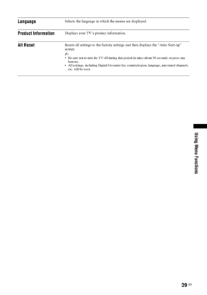Page 3939 GB
Using Menu Functions
LanguageSelects the language in which the menus are displayed.
Product InformationDisplays your TV’s product information.
All ResetResets all settings to the factory settings and then displays the “Auto Start-up” 
screen.
~ Be sure not to turn the TV off during this period (it takes about 30 seconds) or press any 
buttons.
 All settings, including Digital Favourite list, country/region, language, auto tuned channels, 
etc. will be reset.
 