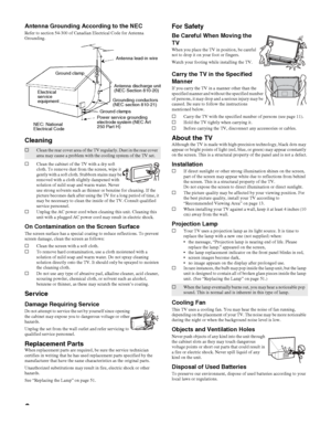 Page 66
KDS-50A2000/KDS-55A2000/KDS-60A2000
2-686-615-13(1)
F:\Worker\SONY SXRD-A EN 13(1)\2686615131\010REG.fmmasterpage:3 columns Right
Antenna Grounding According to the NECRefer to section 54-300 of Canadian Electrical Code for Antenna 
Grounding.
Cleaning
sClean the cabinet of the TV with a dry soft 
cloth. To remove dust from the screen, wipe it 
gently with a soft cloth. Stubborn stains may be 
removed with a cloth slightly dampened with 
solution of mild soap and warm water. Never 
use strong solvents...