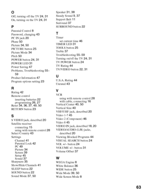 Page 6363
KDS-50A2000/KDS-55A2000/KDS-60A2000
2-686-615-13(1)
F:\Worker\SONY SXRD-A EN 13(1)\2686615131\010COVIX.fmmasterpage:3 columns Right
O
Off, turning off the TV 24, 31
On, turning on the TV 24, 31
P
Parental Control 8
Password, changing 43
PC IN jack 20
Phase 50
Picture 34, 50
PICTURE button 25
Picture Mode 34
Pitch 50
POWER button 24, 31
POWER LED 31
Power Saving 47
Problems, Troubleshooting 55–
59
Product Information 47
Program options setting 23
R
Rating 42
Remote control
inserting batteries 22...