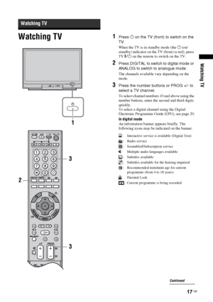 Page 1717 GB
Watching TV
Watching TV1Press 1 on the TV (front) to switch on the 
TV.
When the TV is in standby mode (the 1 (on/
standby) indicator on the TV (front) is red), press 
TV "/1 on the remote to switch on the TV.
2Press DIGITAL to switch to digital mode or 
ANALOG to switch to analogue mode.
The channels available vary depending on the 
mode.
3Press the number buttons or PROG +/- to 
select a TV channel.
To select channel numbers 10 and above using the 
number buttons, enter the second and third...